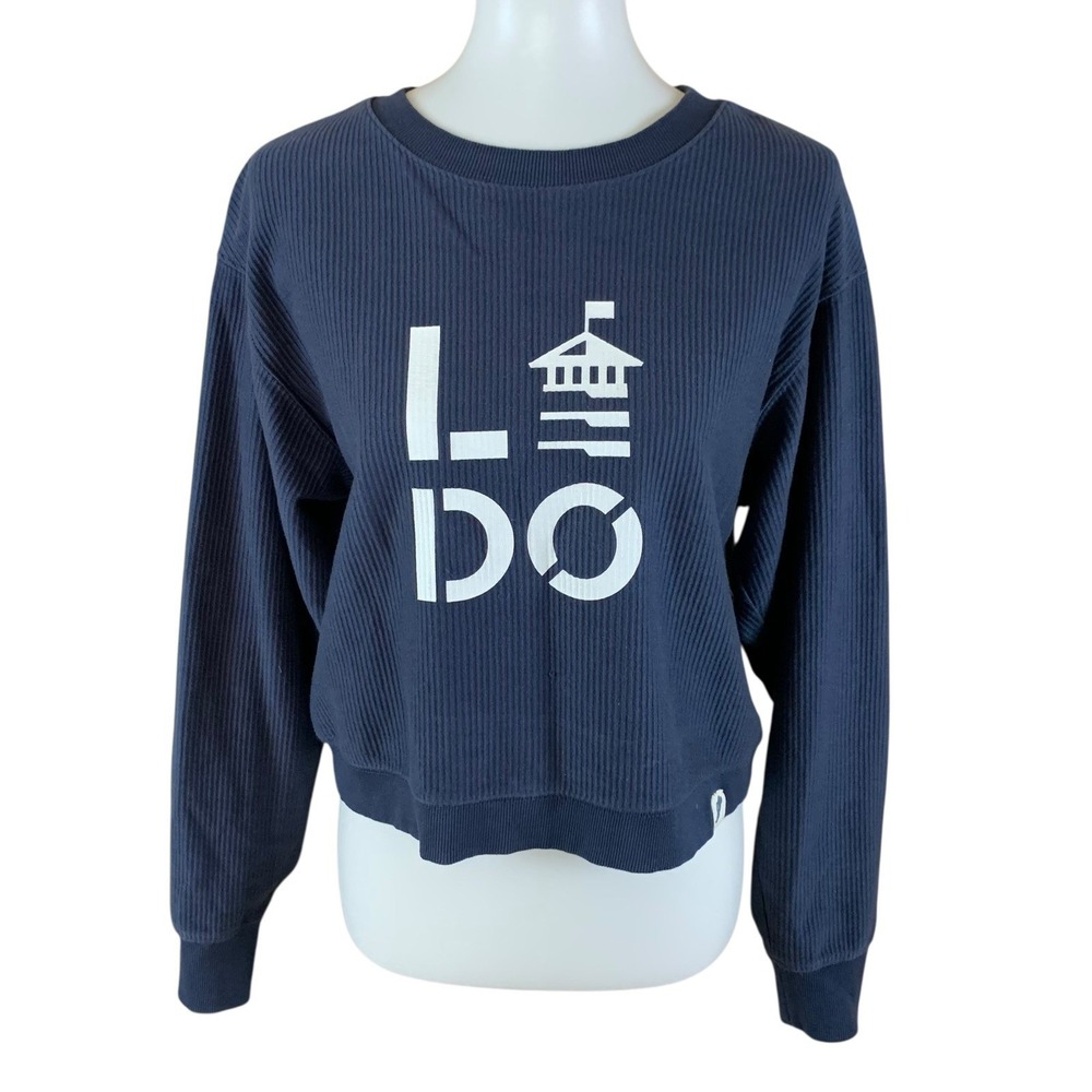 Unwind By League Navy Waffle Knit Graphic Cozy Relaxed Fit Cropped Sweatshirt M